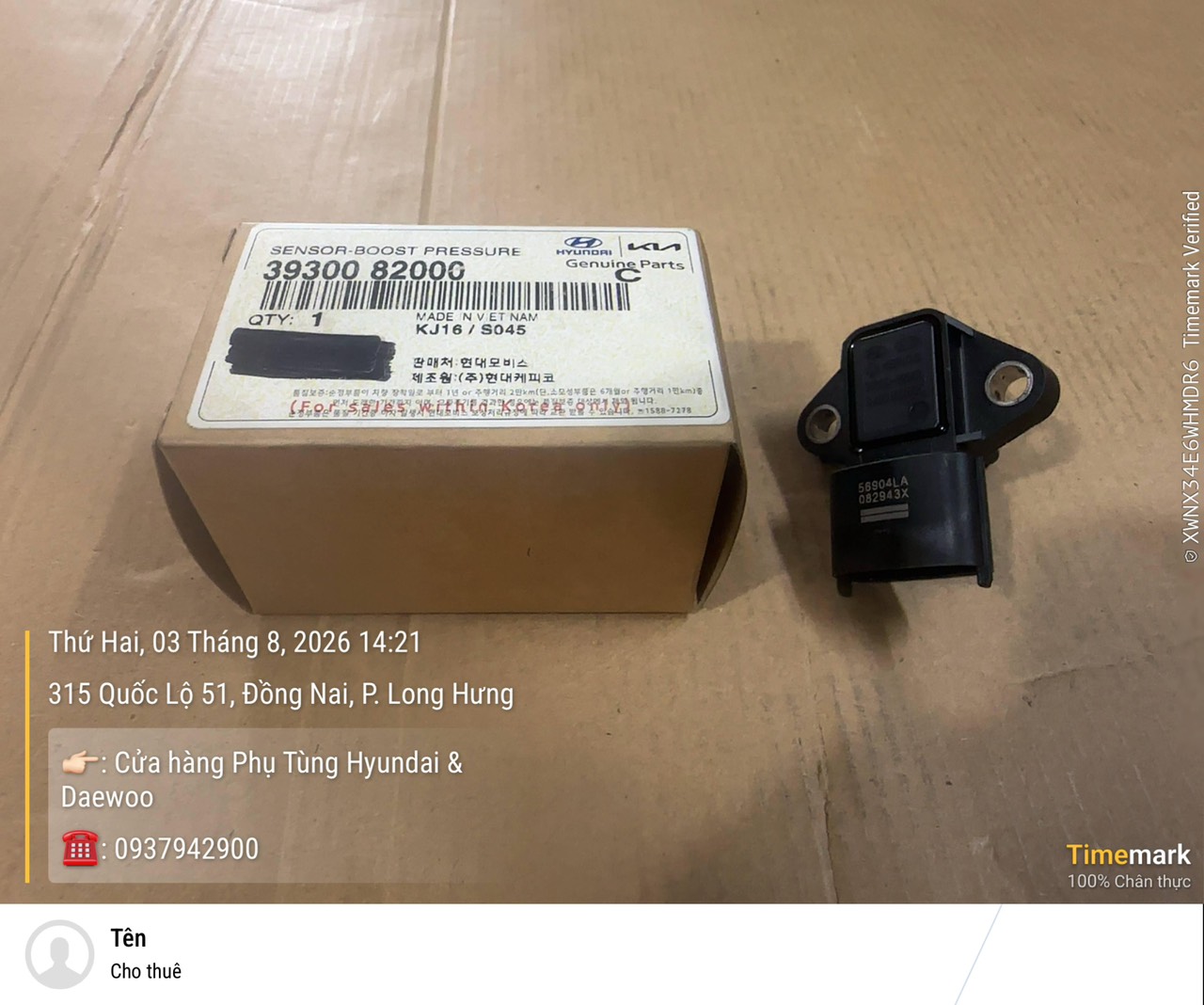 3930082000 Cảm Biến Áp Xuất Gió Hyundai D6CC/D6HA